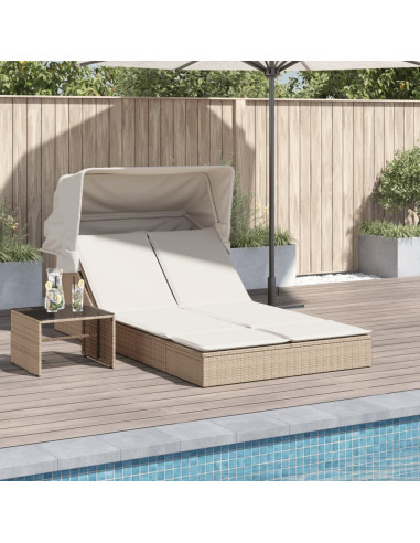 Chaise Longue Double Beige avec Auvent Résine Tressée Transat Jardin Double