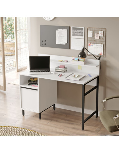 Bureau Blanc avec Etagère et Placard Rangement Bureau Informatique Pieds Acier Noir