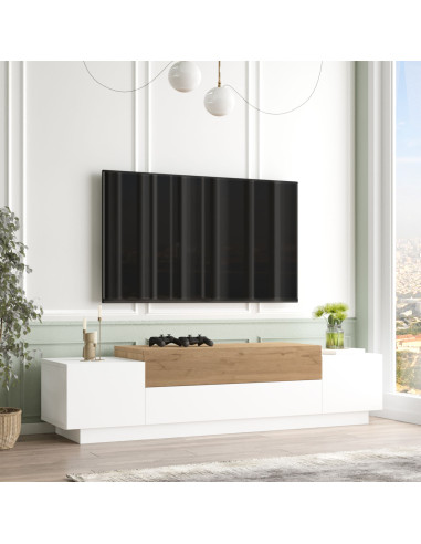 Meuble TV Chêne et Blanc 160 cm avec Rangement Banc TV Meuble Télévision Moderne