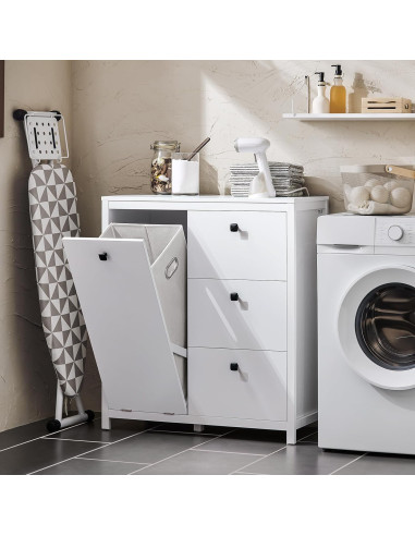 Meuble Salle de Bain Blanc avec Panier à Linge Intégré Armoire Basse Salle de Bain Linge Sale