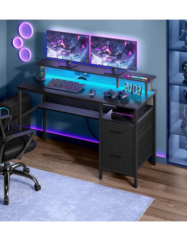 Bureau Gaming Noir LED + Multiprise Bureau de Jeu Gamer Bureau Informatique