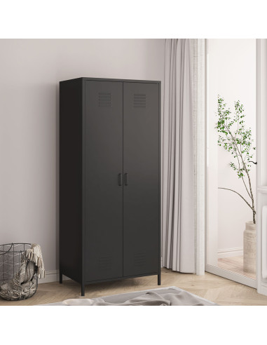 Armoire Métal Noir Dressing 2 Portes avec Penderie Garde-robe Chambre