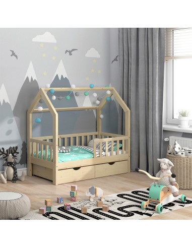 Lit montessori pour enfant 70x140 cm avec 2 tiroirs bois naturel lit cabane lit maison lit enfant avec sommier