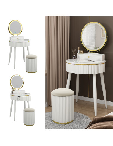 Table Maquillage Coiffeuse Blanche Design avec Miroir LED 2 Tiroirs Tabouret avec Rangement