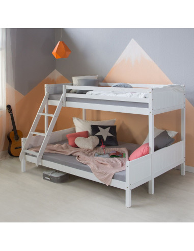 Lit Superposé 140x200 cm et 90x200 cm Bois Massif Pin Blanc Lit Enfant Lit Ados