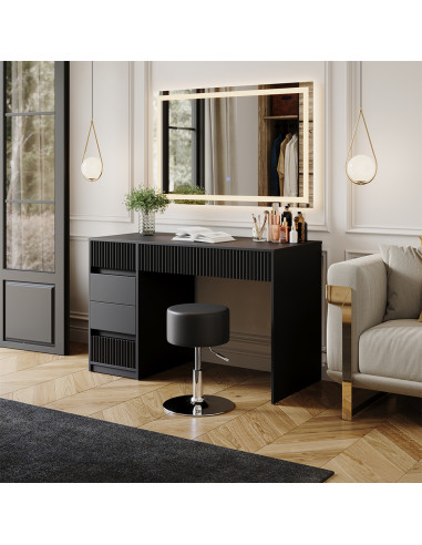 Coiffeuse Design Noir Graphique 5 Tiroirs avec Miroir LED + Tabouret Table Maquillage Moderne Noir 120 cm