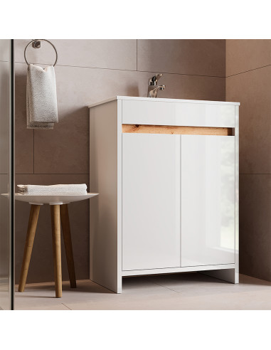 Meuble de Salle de Bain 60 cm avec Vasque Blanc et Chêne Meuble avec Lavabo en Céramique