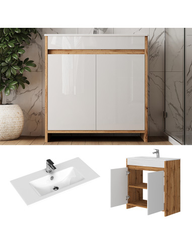 Meuble de Salle de Bain 80 cm avec Vasque Chêne et Blanc Meuble avec Lavabo en Céramique