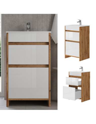 Meuble de Salle de Bain 50 cm avec Vasque 2 Tiroirs Blanc et Chêne Meuble avec Lavabo en Céramique