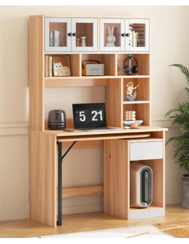 Bureau avec Etagères et Armoire Tablette Pivotante Gain de Place Bureau de Travail Spacieux